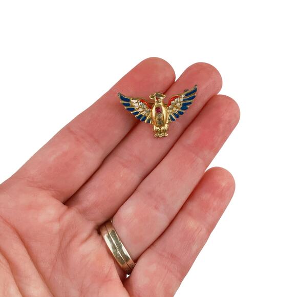 Signed Coro WWII Sterling Craft Eagle 1940s Pin Gold Wash Enamel Brooch Vermeil - Picture 5 of 11